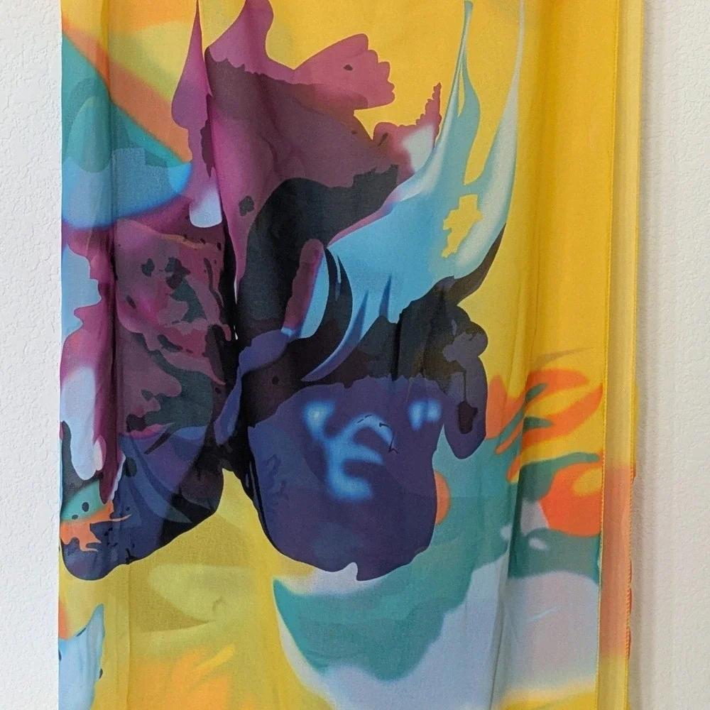 Unbranded Abstract Floral Scarf‎ Womens OS Yellow Purple Blue Long Wrap Sarong